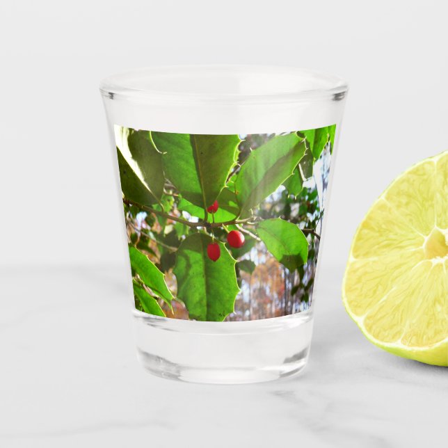Holly Leaves II Holiday Nature Botanical Shot Glass (Front)