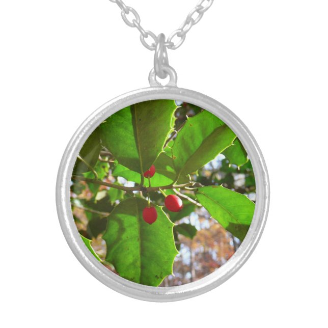 Holly Leaves II Holiday Nature Botanical Silver Plated Necklace (Front)