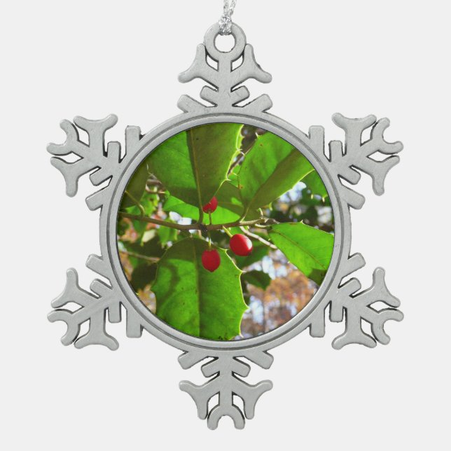 Holly Leaves II Holiday Nature Botanical Snowflake Pewter Christmas Ornament (Front)