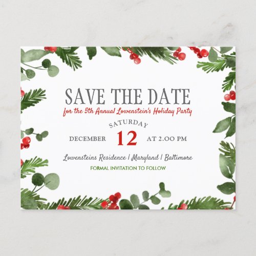 Holly Leaves Modern Holiday Party Save The Date  Announcement Postcard