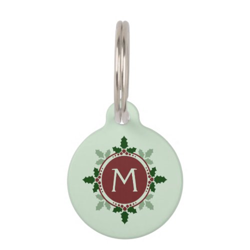 Holly Leaves Monogram Green Red Christmas Holidays Pet Tag