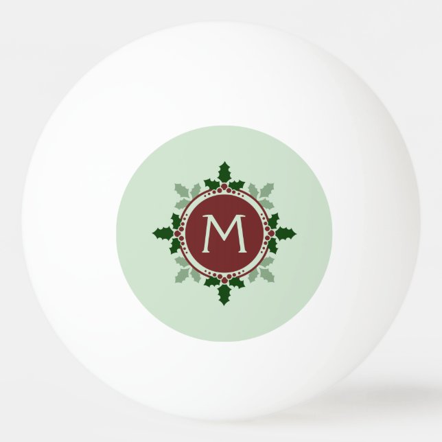 Holly Leaves Monogram Green Red Christmas Holidays Ping-Pong Ball (Back)