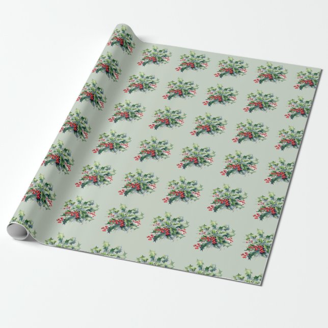 Holly Leaves 'n Berries Wrapping Paper (Unrolled)