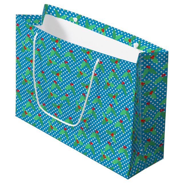 Holly Leaves on Aqua Gift Bag - Large, Glossy (Front Angled)