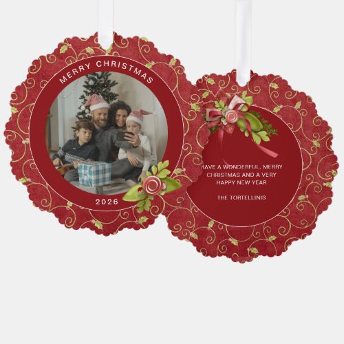 Holly Leaves on Red Photo Christmas Ornament Card