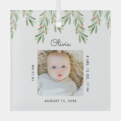 Holly Leaves Photo Photo Baby 1st Christmas  Glass Ornament