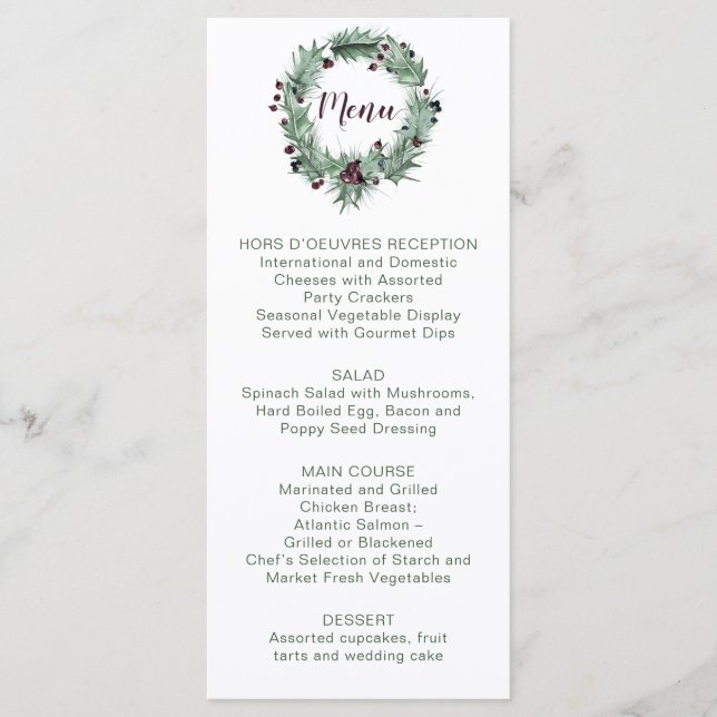 Holly Leaves, Pine, Berries Winter Wedding Menu (Front)