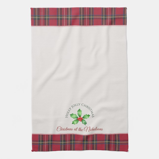 Holly Leaves Red Berries Personal Name Christmas Kitchen Towel (Vertical)