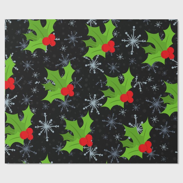 Holly Leaves, Red Berries Snowflake Wrapping Paper (Flat)