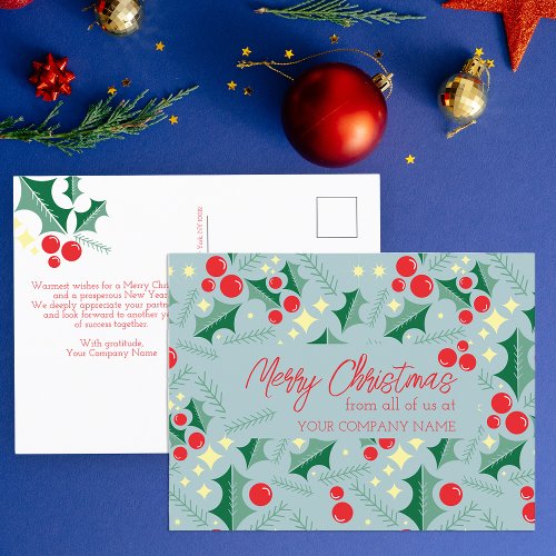 Holly Leaves Red Berries Stars Business Christmas Postcard
