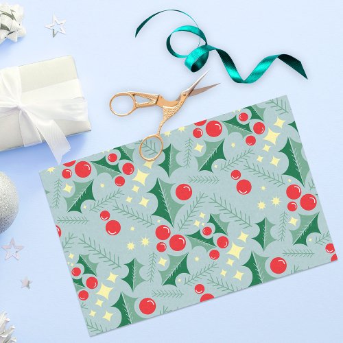 Holly Leaves Red Berries Stars Christmas Pattern Tissue Paper