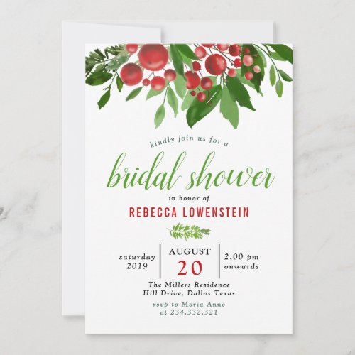 Holly Leaves Red Berry  Christmas Bridal Shower Invitation