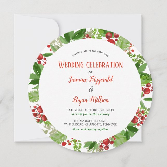 Holly Leaves Red Berry Christmas Festive Wedding Invitation (Front)