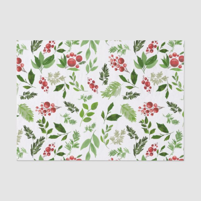 Holly Leaves Red Berry Christmas Holiday Pattern Tissue Paper (Front)