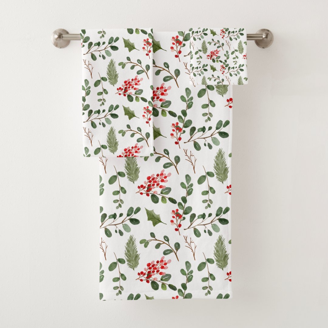 Holly Leaves Red Berry Holiday Watercolor Pattern Bath Towel Set | Zazzle