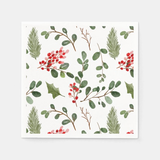 Holly Leaves Red Berry Holiday Watercolor Pattern Napkins (Front)
