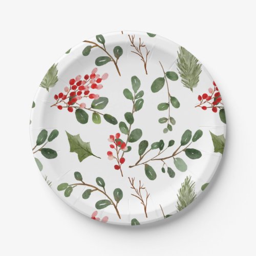 Holly Leaves Red Berry Holiday Watercolor Pattern Paper Plates