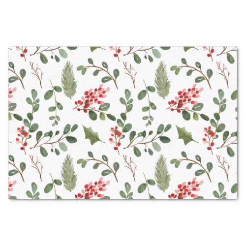 Holly Leaves Red Berry Holiday Watercolor Pattern Tissue Paper