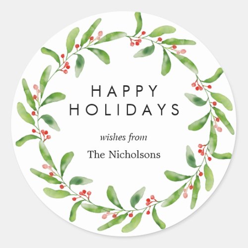 Holly Leaves Red Berry Wreath Modern Holiday Classic Round Sticker