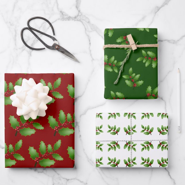 Holly Leaves Traditional Colors Christmas Wrapping Paper Sheets (Front)