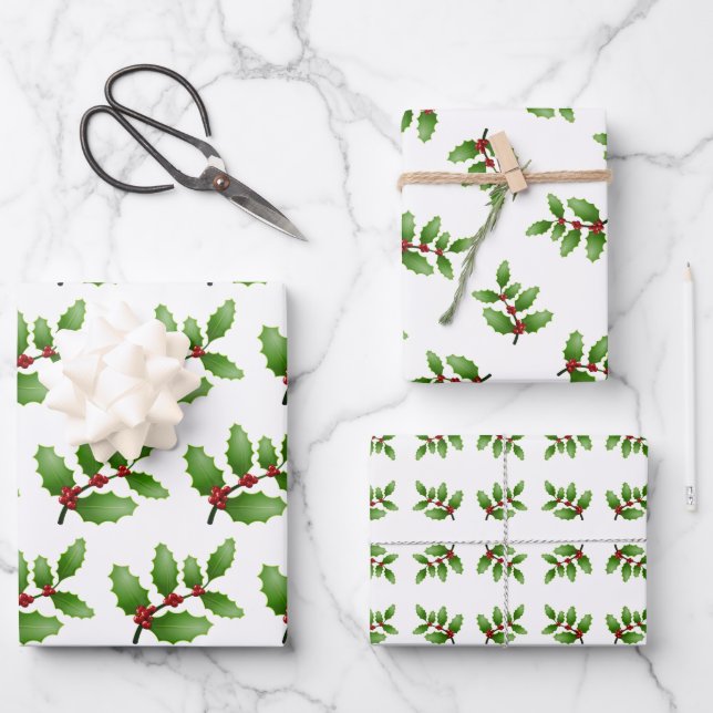 Holly Leaves White Christmas Wrapping Paper Sheets (Front)