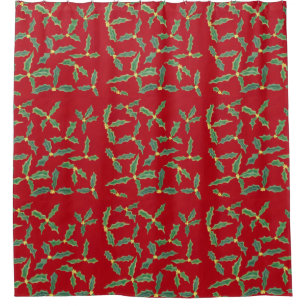 Holly leaves with yellow flowers on red Christmas Shower Curtain