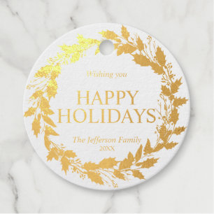 Holly Leaves Wreath Christmas Happy Holidays Foil Favor Tags