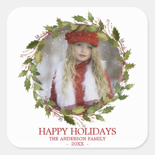 Holly Leaves Wreath Red Christmas Holiday  PHOTO Square Sticker