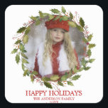 Holly Leaves Wreath Red Christmas Holiday | PHOTO Square Sticker<br><div class="desc">Lovely stickers for holiday envelopes / greeting cards with PHOTO.  Delicate red holly wreath with berries and greenery.  Watercolor floral bouquet with poinsettias flowers.  Personalize by adding your photo and name,  year.  Perfect to send out to your family and friends.</div>