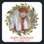 Holly Leaves Wreath Red Christmas Holiday | PHOTO Square Sticker<br><div class="desc">Lovely stickers for holiday envelopes / greeting cards with PHOTO.  Delicate red holly wreath with berries and greenery.  Watercolor floral bouquet with poinsettias flowers.  Personalize by adding your photo and name,  year.  Perfect to send out to your family and friends.</div>