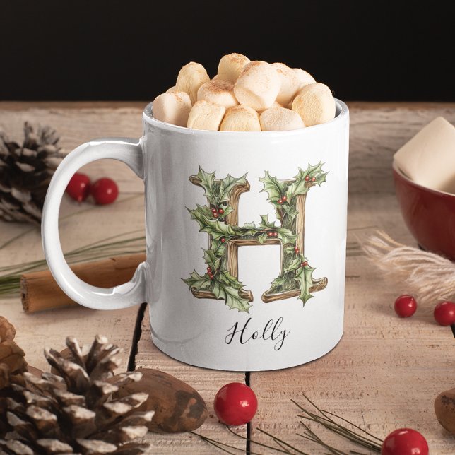 Holly Letter H Personalized Christmas Coffee Mug (Holly Letter H Personalized Christmas Coffee Mug)