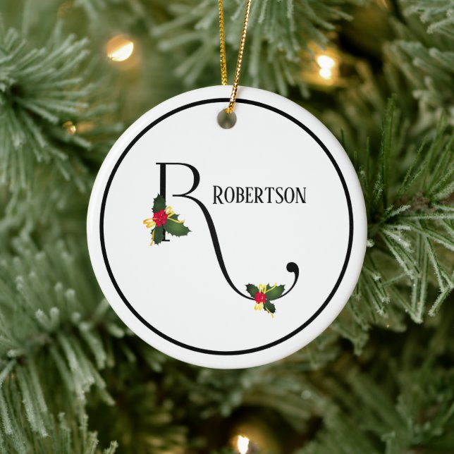 Holly Letter R Monogram And Name Christmas Ceramic Ornament (Tree)