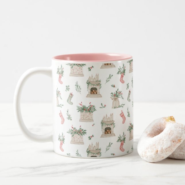 Holly Mantel Pattern Two-Tone Coffee Mug (With Donut)
