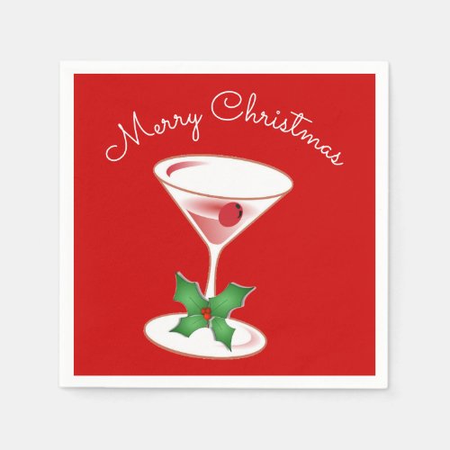 Holly Martini Cocktails Merry Christmas Party Red Napkins
