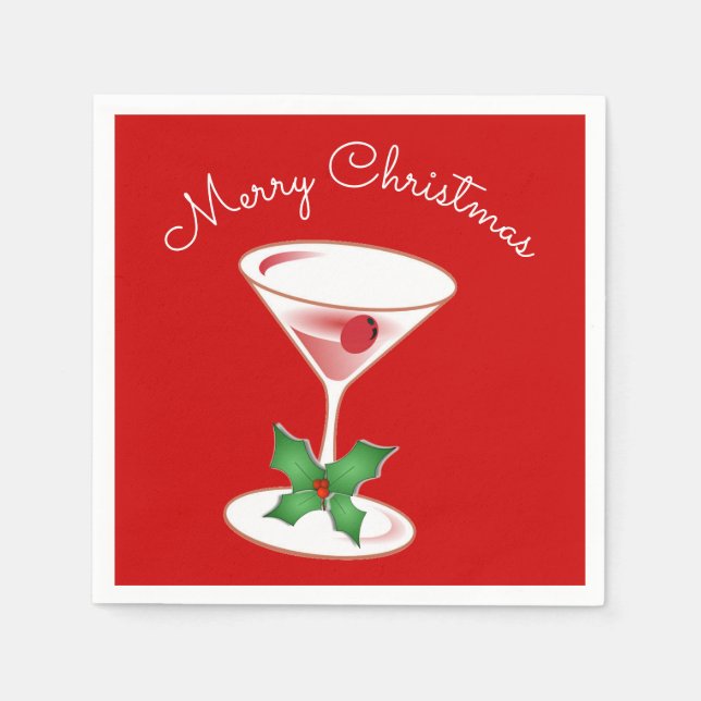 Holly Martini Cocktails Merry Christmas Party Red Napkins (Front)