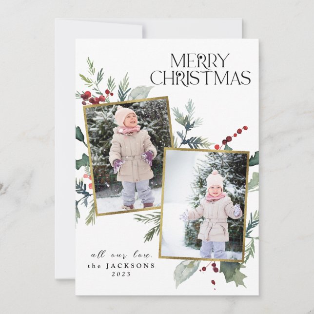 Holly Merry Christmas 2 Photo Collage Pineneedle Holiday Card (Front)