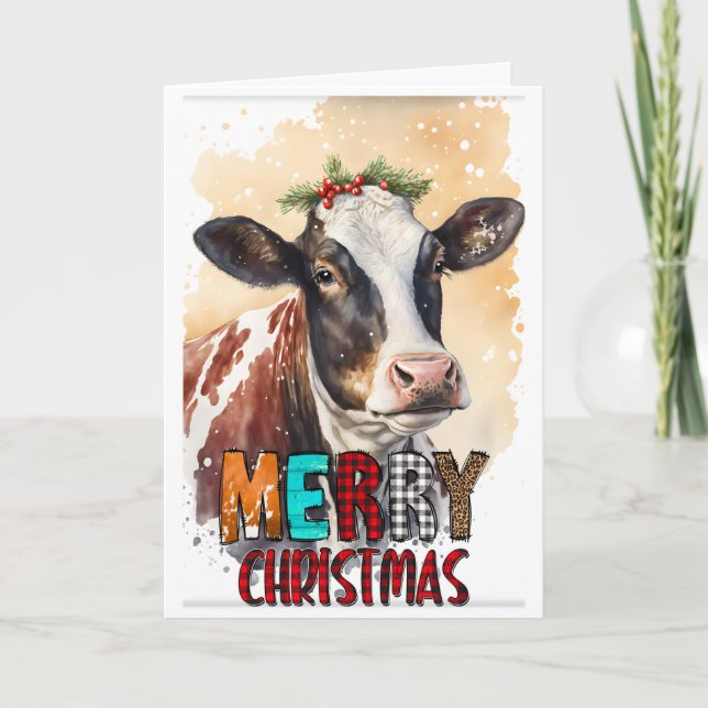 Holly Merry Christmas Brown Cow Card (Front)