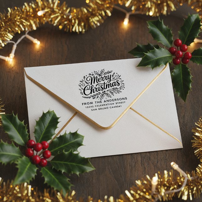 Holly Merry Christmas Family Name Return Address Rubber Stamp (Creator Uploaded)