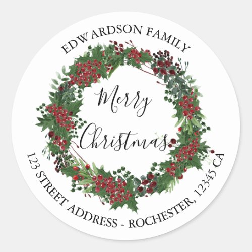 Holly Merry christmas family return address Classic Round Sticker