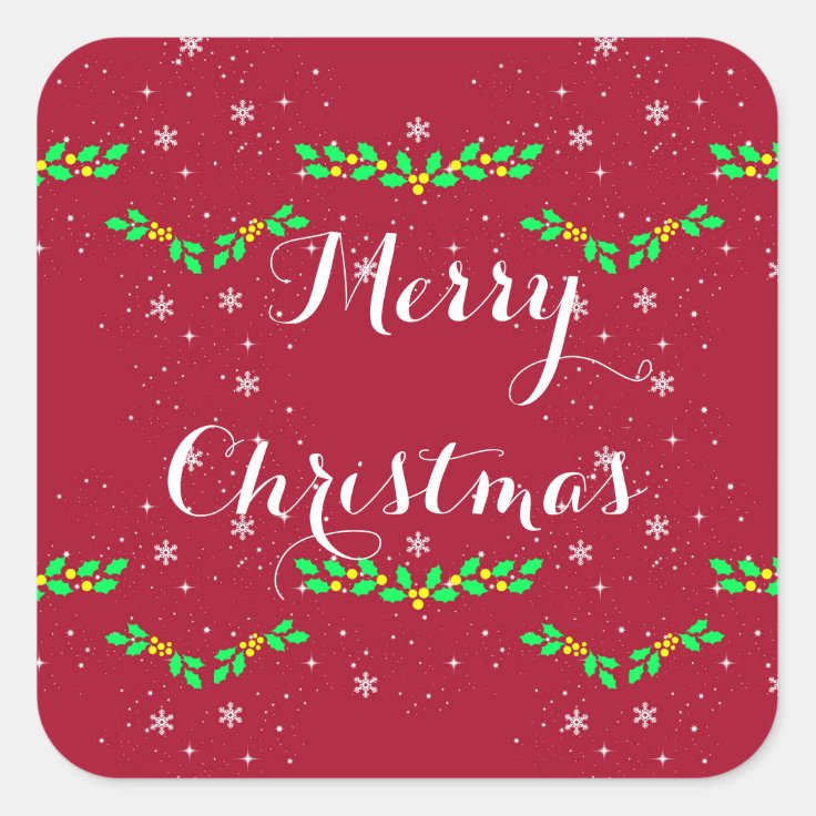 Holly Merry Christmas Holiday Round Sticker-Red Square Sticker | Zazzle