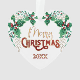 Holly Merry Christmas Watercolor Gold Family Photo Ornament