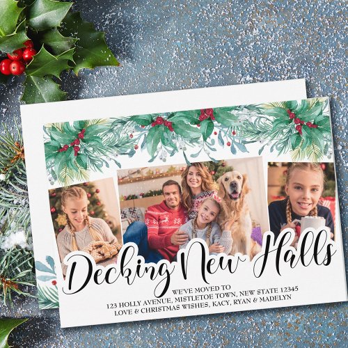 Holly Mistletoe 3 Photo Decking New Halls Script Holiday Card