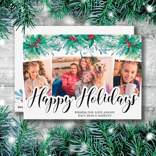 Holly Mistletoe 3 Photo Happy Holidays Script Holiday Card