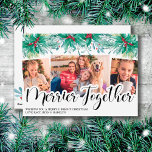 Holly Mistletoe 3 Photo Merrier Together Script Holiday Card<br><div class="desc">Watercolor Holly and Mistletoe Merrier Together Holiday Card, personalized with 3 of your favorite photos. The photo template is set up for you to add a horizontal photo and 2 vertical photos as well as your personalized greeting. Traditional and classic design decorated with hand lettering, holly, berries, mistletoe and a...</div>