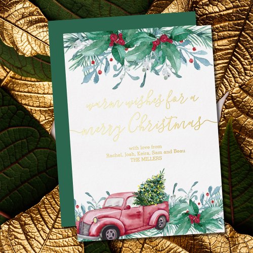 Holly Mistletoe and Christmas Red Truck Gold Foil Holiday Card