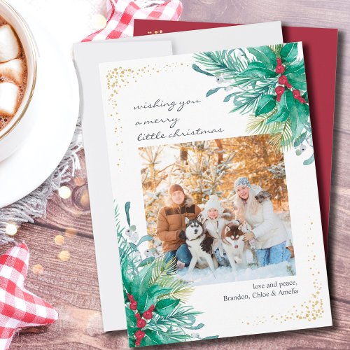 Holly Mistletoe Casual Script Christmas Photo Flat Holiday Card