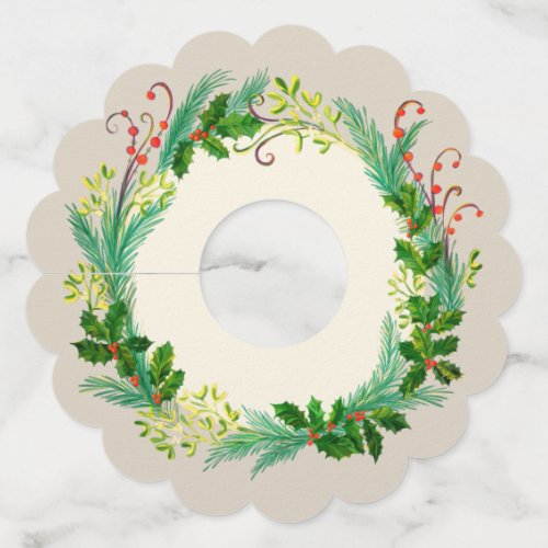 Holly mistletoe Christmas wreath green beige red Wine Glass Tag