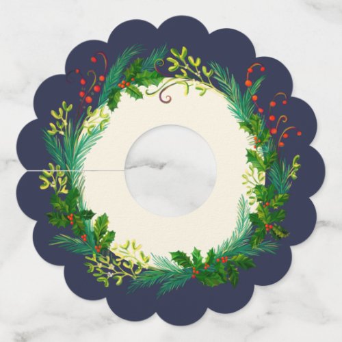 Holly mistletoe Christmas wreath green dark blue Wine Glass Tag