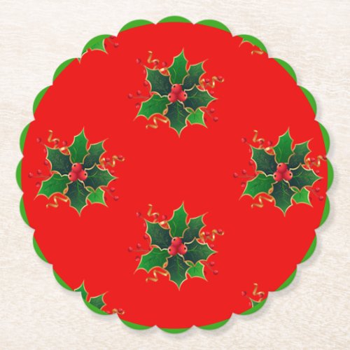 Holly Mistletoe Pattern Paper Coaster