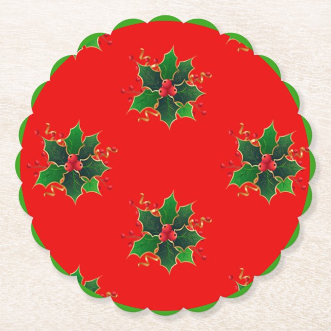 Holly Mistletoe Pattern Paper Coaster (Front)